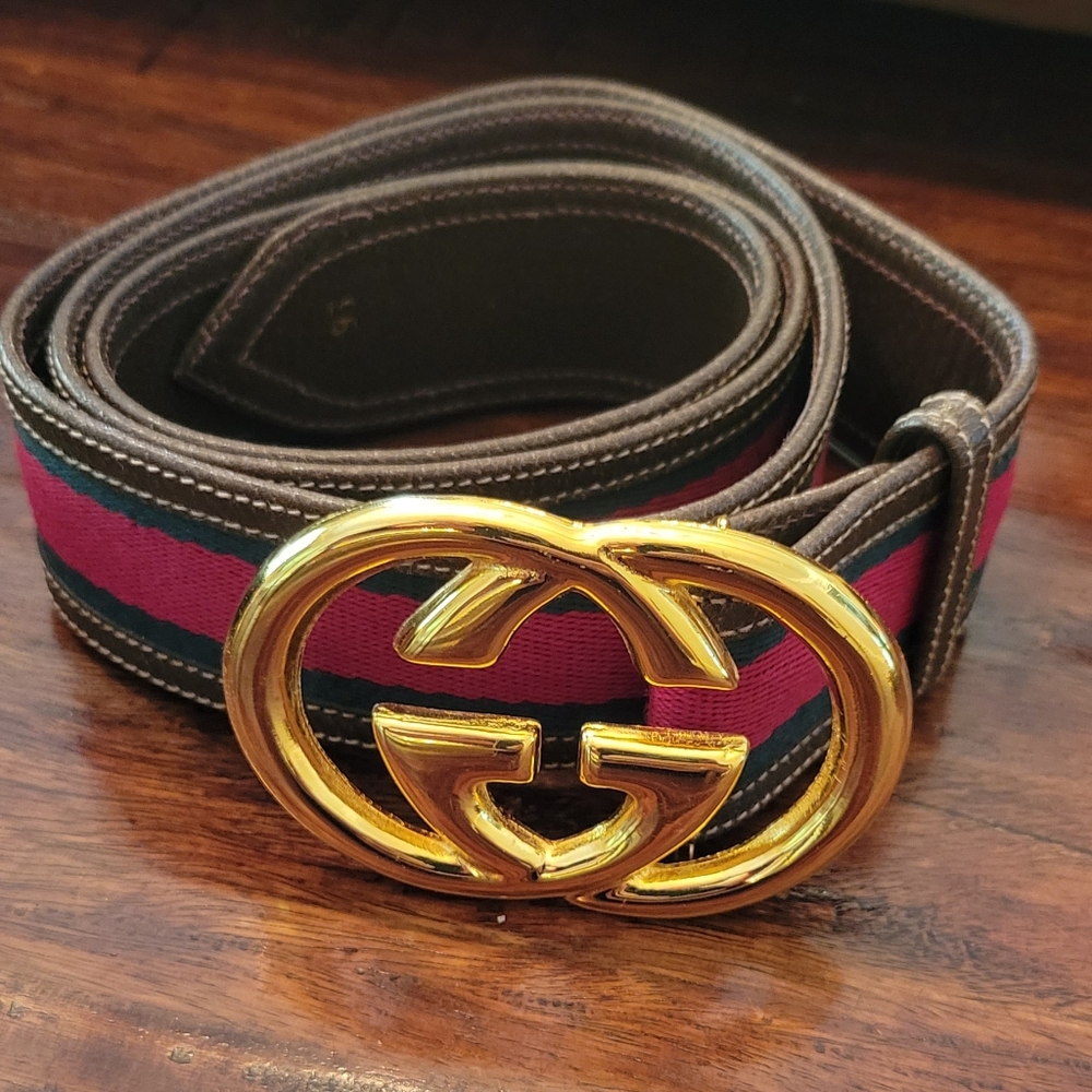 GUCCI Vintage 80's Large GG Buckle Brown Leather Green Red Canvas Belt